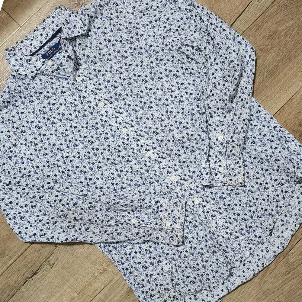 Polo Ralph Lauren Men Blue Floral Micro Print Button Down Shirt Large L Long Slv